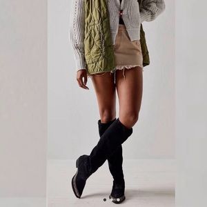 New Free People Sterling Western Tall Boots Black Suede Leather Size 37